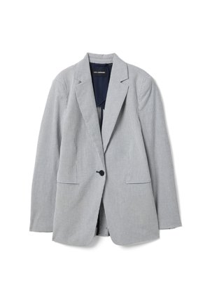 Damesblazer met één knoop, met dunne verticale marineblauwe en witte strepen, met ingesneden revers en twee voorzakken.