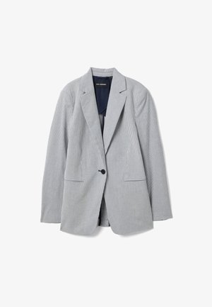 Damesblazer met één knoop, met dunne verticale marineblauwe en witte strepen, met ingesneden revers en twee voorzakken.