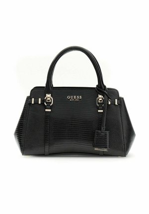 Sac à main Guess en cuir noir texturé avec doubles anses, détails en boucle argentée et une petite étiquette attachée.