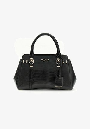 Sac à main Guess en cuir noir texturé avec doubles anses, détails en boucle argentée et une petite étiquette attachée.
