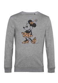Sudadera gris con un diseño de un personaje de dibujos animados vestido con un vestido y zapatos de estampado de leopardo, con cuello redondo y mangas largas.