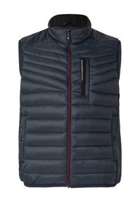 Marineblaue Steppweste mit hohem Kragen, horizontalem Steppmuster, rotem Reißverschluss und linker Brusttasche mit vertikaler Verschluss.