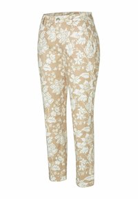 Beige Hose mit floralen Mustern und weißen Blumen; verfügt über einen Knopfverschluss und zwei seitliche Taschen, aus leichtem Stoff gefertigt.