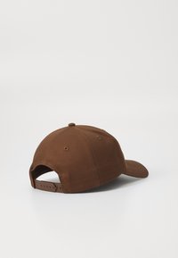 Brown cotton baseball cap with a rounded crown, curved visor, and adjustable strap at the back. Stitching detail visible on the visor.