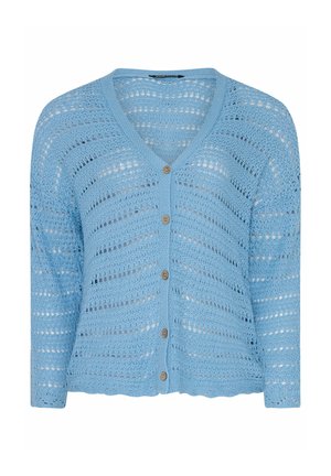 Hellblauer Strickcardigan in Häkeloptik mit langen Ärmeln, V-Ausschnitt und vier braunen Knöpfen vorne.