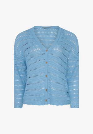 Lichtblauwe gehaakte gebreide cardigan met lange mouwen, V-hals en vier bruine knopen aan de voorkant.