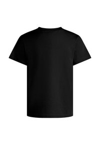 Black cotton t-shirt with short sleeves and a round neck; smooth texture, simple design, no logos or graphics visible.