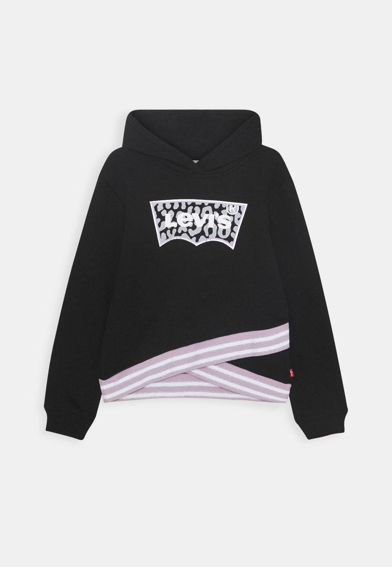 Hoodie noir avec un grand logo graphique blanc et gris. Présente un ourlet à rayures roses et un design surdimensionné avec une poche devant.