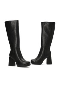 Botas negras hasta la rodilla hechas de cuero sintético liso. Cuentan con un tacón grueso y una puntera redonda. Diseño elegante y minimalista sin adornos.