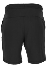 Svarta sportshorts i mjukt tyg, med en slät yta, elastisk midja och sidofickor. Inga synliga mönster eller detaljer.