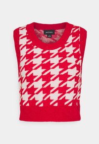 Czerwony bezrękawnik z wzorem pepitki w kolorze białym. Wykonany z dzianiny, z okrągłym dekoltem i prążkowanym dołem. Marka: MONKL.