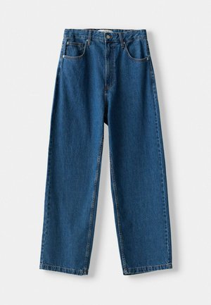 Blå denim højtaljede jeans med lige ben, der har knap- og lynlåslukning, fem lommer og kontrastsyninger.