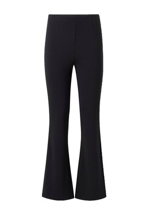 Pantalon taille haute noir pour femmes, ajusté avec une jambe évasée et des fentes latérales, présenté sur un fond blanc.
