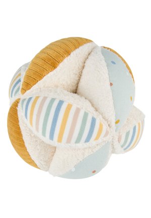 Soft fabric baby sensory ball with textured panels in mustard yellow, cream fleece, pastel stripes, and polka dots.