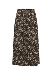 Maxi rok in een golvend bruin, crème en zwart patroon. Heeft een elastische tailleband en een zachte, gestructureerde stof.