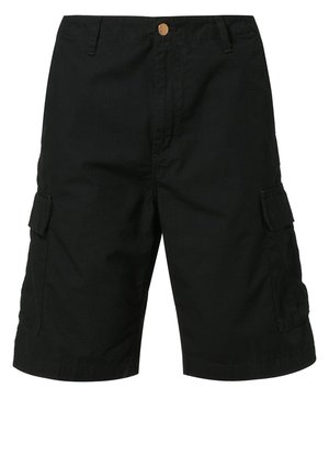 Czarne szorty cargo wykonane z tkaniny o teksturowanej powierzchni, wyposażone w boczne kieszenie i zapięcie na guzik w pasie.