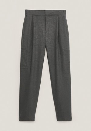 Dark gray straight-leg trousers with a flat waistband, concealed front closure, and side cargo pockets, laid flat on a light background.