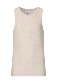Hellgraues, ärmelloses, geripptes Tanktop mit Rundhalsausschnitt, gefertigt aus strukturiertem Stoff ohne sichtbare Muster oder Beschläge.