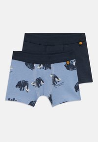 Two pairs of boys' boxer briefs, one solid navy blue and one light blue with dark mammoth prints and text "I'm a mammoth and very powerful."