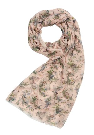 Écharpe rose clair avec un motif floral et animal, fabriquée en tissu doux et léger, avec une forme fluide et drapée.