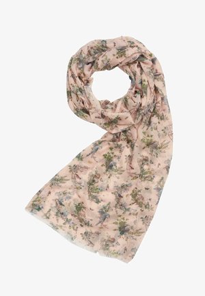 Lys pink tørklæde med et blomster- og dyremønster, lavet af blødt, let stof, i en flydende, draperet form.