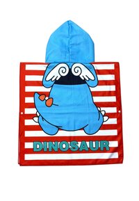 Huvtröja med en blå dinosauriemönster på en röd och vit randig bakgrund. Texten säger "DINOSAUR" i fet grön stil.