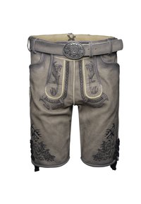 Pantalones cortos de cuero en gris claro con intrincados bordados oscuros que presentan diseños florales y de astas. Hebilla plateada y acentos decorativos en los laterales.