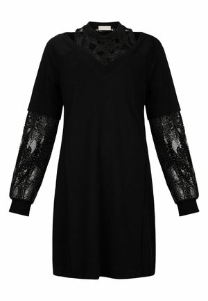 Schwarzes Kleid mit V-Ausschnitt, kurzen Ärmeln und strukturierten Spitzeinsätzen an den Ärmeln. Hat eine lockere Passform und einen weichen Stoff.