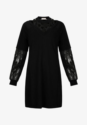 Black dress with a V-neckline, short sleeves, and textured lace inserts on sleeves. Features a loose fit and soft fabric.