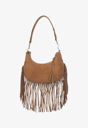 Brązowa zamszowa torebka na ramię z frędzlami, zaokrąglonym kształtem i zapięciem na zamek. Posiada jeden pasek oraz fakturowane wykończenie.