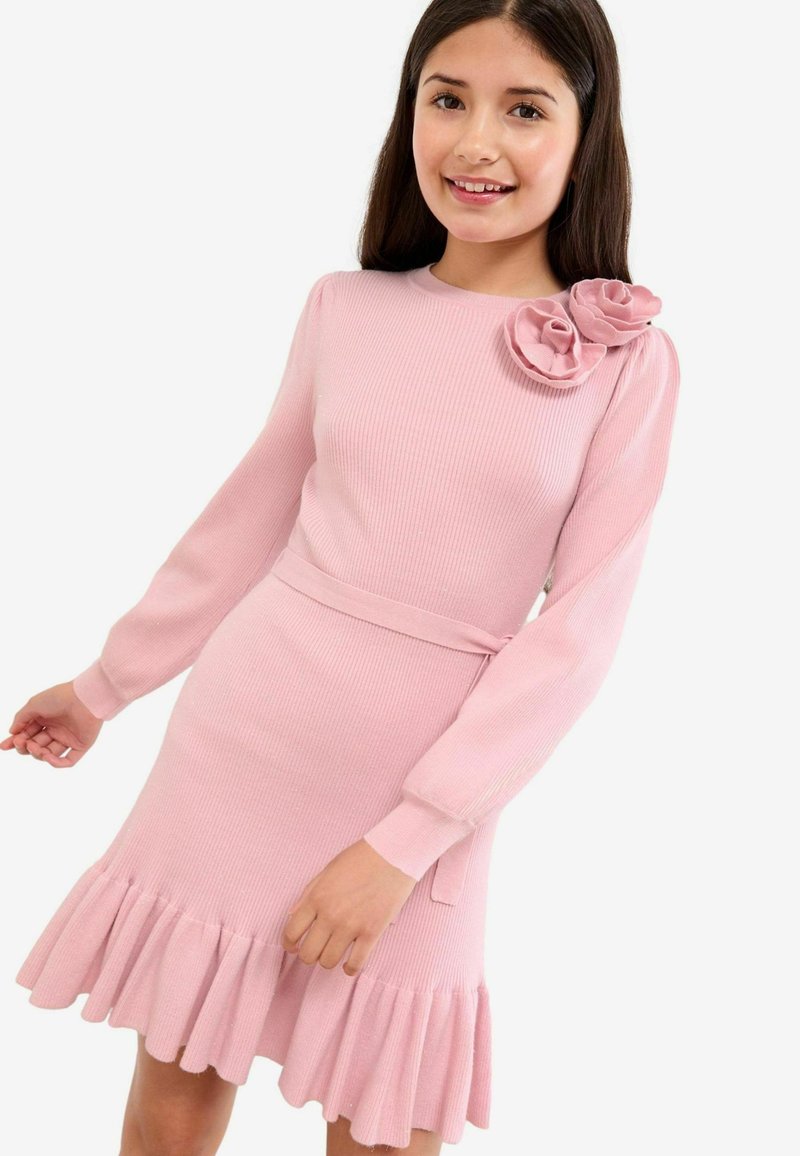 Rochie roz cu nervuri și mâneci lungi, având un accent floral pe umăr și o margine ondulată. Textură netedă și talie ajustată.