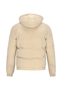 Beige dunjakke med hætte, vandret quiltet mønster, elastiske manchetter og kant. Glat tekstur med minimalistisk design.