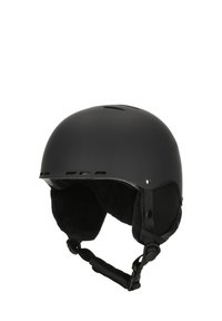 Schwarzer Skihelm mit glatter, matter Oberfläche, verstellbarem Kinnriemen, Ohrenschutz und Belüftungsöffnungen an der Oberseite.