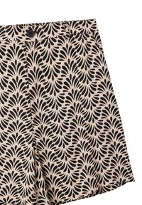 Pantaloni corti stampati realizzati in tessuto leggero, con un motivo di foglie nere su uno sfondo beige. Inclusi un bottone anteriore e una vestibilità sagomata.