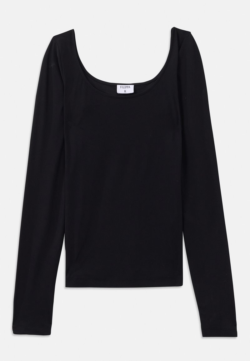 Haut noir à manches longues avec un décolleté arrondi, fabriqué à partir d'un tissu lisse et extensible. Design simple, sans motifs ni accents visibles.