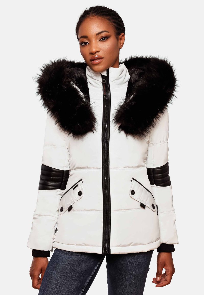 White puffer jacket with a black faux fur hood, black striped accents on sleeves, padded design, front zip closure, and snap button pockets.