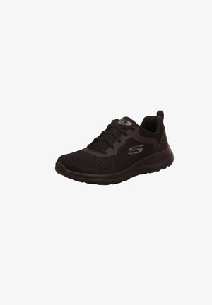 Black mesh athletic shoe with a textured upper, cushioned sole, laces, and a logo on the side. Flexible and breathable design.