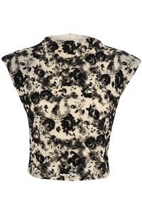 Top court à imprimé floral noir et blanc avec de larges épaules, un col rond et une texture de tissu lisse. Détail de fermeture éclair au dos.