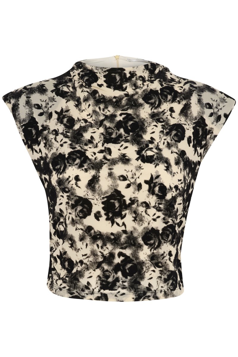 Schwarz-weiße Blumenmuster-Cropped-Top mit breiten Schultern, rundem Ausschnitt und glatter Stofftextur. Detail mit Reißverschluss hinten.
