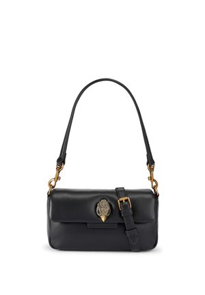 Black leather shoulder bag with gold clasp shaped like a decorative hand and adjustable strap with gold buckle.