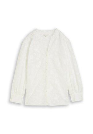 Biała, długorękawowa bluzka zapinana na guziki z delikatnym, teksturowanym wzorem i mankietami na rękawach.