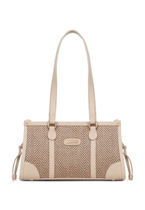 Borsa rettangolare beige con motivo a spina di pesce intrecciato, doppie tracolle per la spalla e piccola targa logo dorata al centro della parte anteriore.