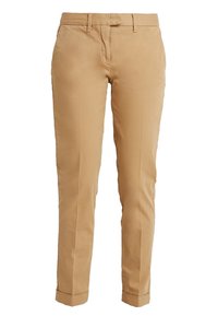 Khaki chinos o slim fit z prostymi nogawkami, kieszeniami z przodu i szlufkami na pasek, wykonane z gładkiej bawełnianej tkaniny z wywiniętym mankietem.