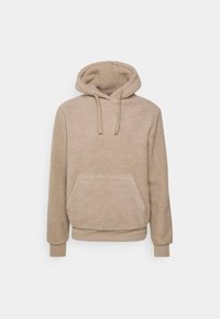Béžová mikina s kapucí vyrobená z jemně strukturovaného fleece, s přední klokaní kapsou, stahovací kapucí a žebrovanými manžetami a spodním lemem.