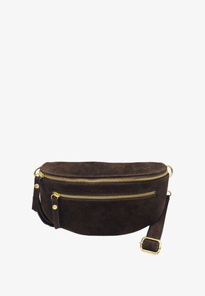 Fanny pack en daim marron avec deux zippers dorés, de forme arrondie, une bandoulière ajustable et une texture lisse. Présente des accents en matériel doré.