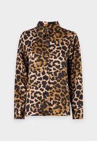 Leopard-print shirt in silky fabric; features a collared neck, long sleeves, and black buttons along the front, with brown and black coloration.