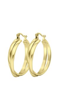 Gouden oorringen met een gedraaid ontwerp. Kenmerken van een glanzende en matte afwerking, beveiligd met een sluiting. Ronde vorm, middelgrote maat.