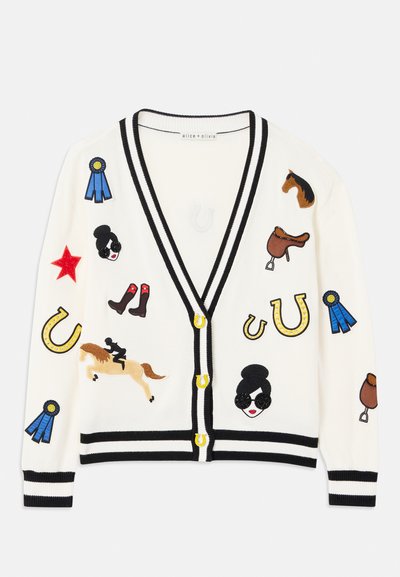 Cardigan bianco con rifiniture nere, caratterizzato da design ricamati colorati di cavalli, premi e figure. Il design include stivali, stelle e ferro di cavallo.
