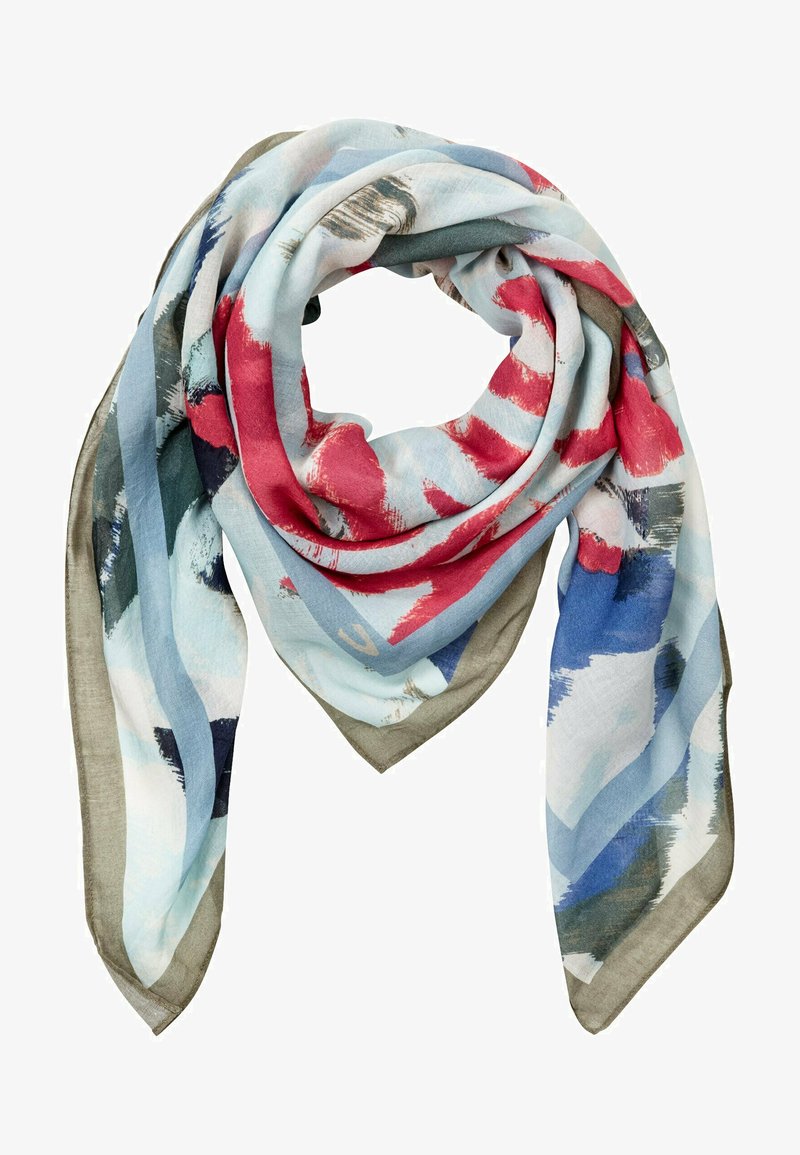 Wielokolorowy szalik z abstrakcyjnymi wzorami pędzla w kolorach czerwonym, niebieskim i jasnoniebieskim, wykończony khaki bordiuranem. Wykonany z lekkiego materiału.