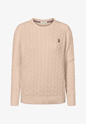 Bežový pletený sveter s dlhým rukávom a malým vyšitou nášivkou na ľavej hrudi, označený U.S. Polo Assn., veľkosť stredná.